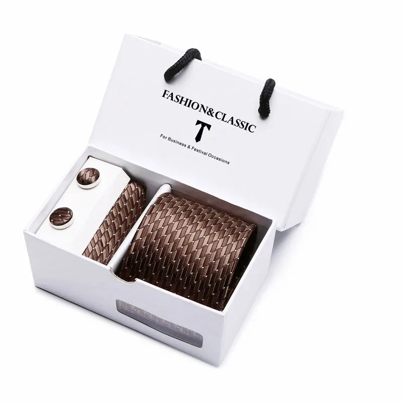 Black Paisley Tie Set - Men's Necktie, Pocket Square & Cufflinks Gift Box for Weddings & Formal Wear