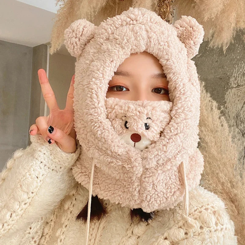 Cartoon Bear Ear Lamb Beanie Hat with Mask - Warm Balaclava Winter Skullies for Women & Girls