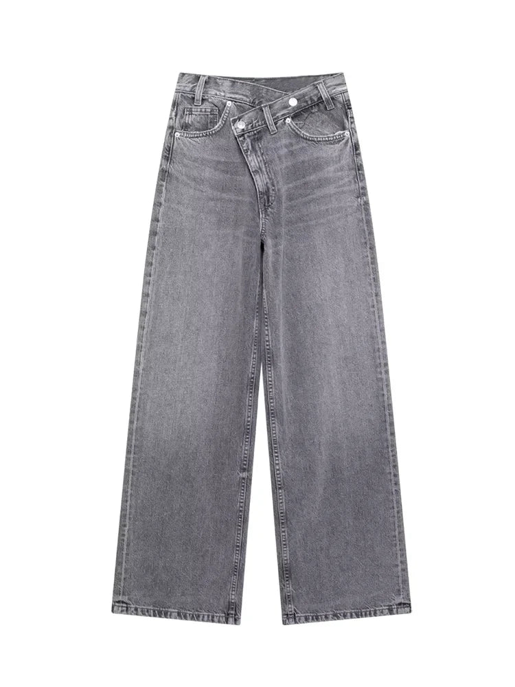 TRAF Women’s Basic Hundred Jeans — High Waist Asymmetric Wide-Leg Trousers, Casual Straight-Leg Fashion Jeans