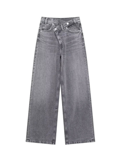 TRAF Women’s Basic Hundred Jeans — High Waist Asymmetric Wide-Leg Trousers, Casual Straight-Leg Fashion Jeans