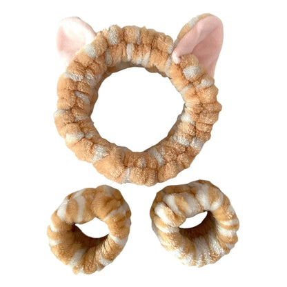 3PCS Cat Ear Plush Headband Set - Soft Face Washing Headband with Wrist Straps for Girls