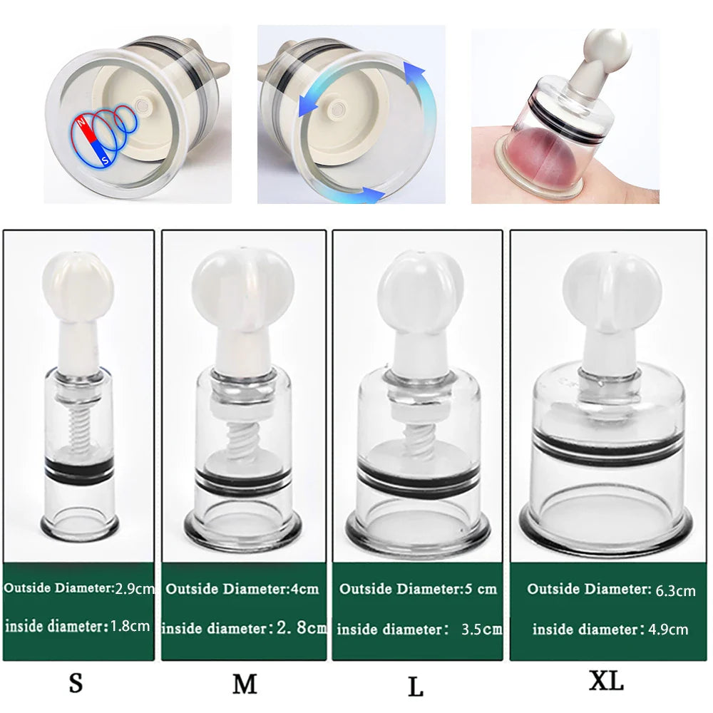 Rotating Handle Suction Cupping Set – 4 Sizes Twist Vacuum Cups for Nipple Enhancement & Anti-Cellulite Massage