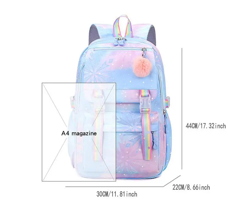 MINISO Kawaii Frozen Girls Backpack – Rainbow Schoolbag & Travel Laptop Bag for Kids & Teenagers