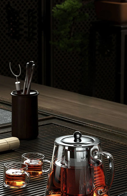 Heat-Resistant Glass Teapot with Stainless Steel Tea Strainer Infuser – Flower Kettle Kung Fu Teaware Set for Puer & Oolong Tea