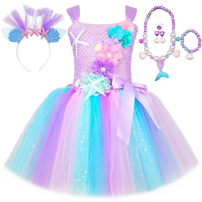 Princess Mermaid Dress for Girls - Pastel Floral Tutu Party & Halloween Costume Dress