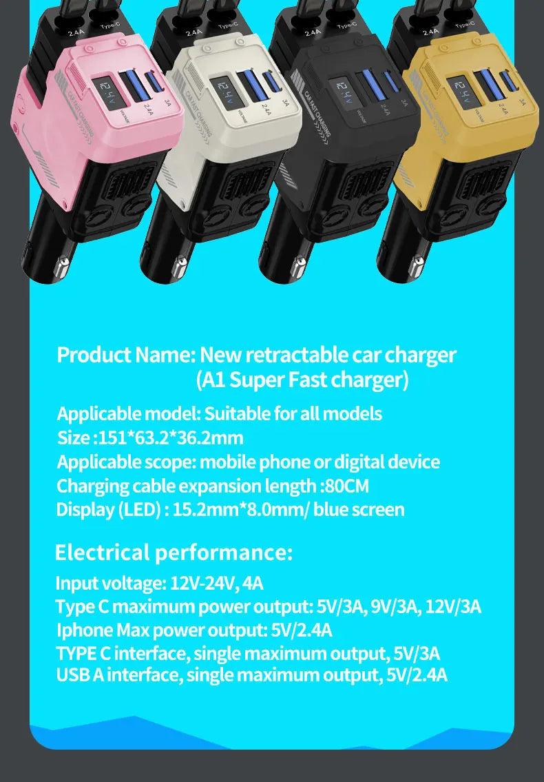 120W Car Charger | 4-in-1 Retractable Cigarette Lighter Adapter with USB Type-C Fast Charging Cable for iPhone & Android