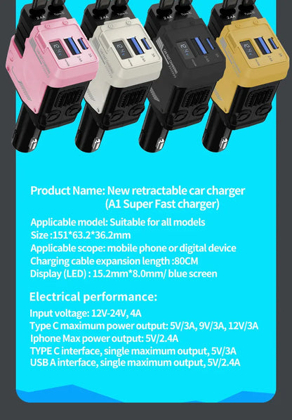 120W Car Charger | 4-in-1 Retractable Cigarette Lighter Adapter with USB Type-C Fast Charging Cable for iPhone & Android