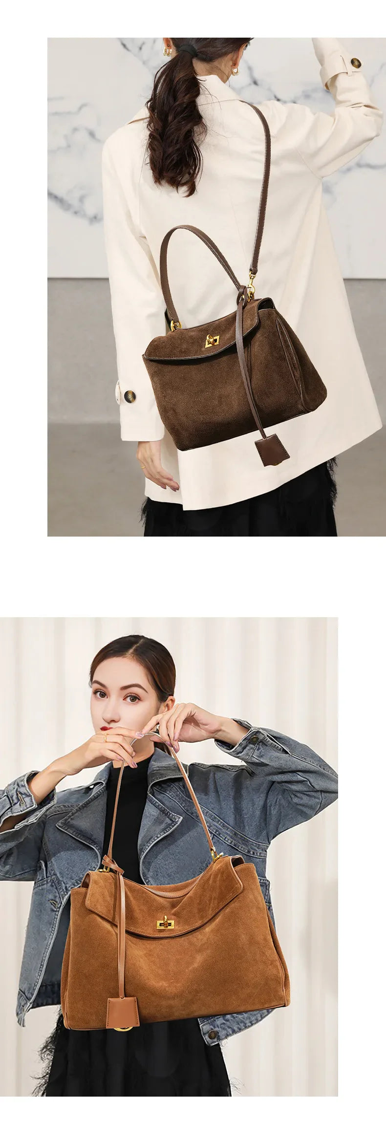Autumn Winter Suede Leather Tote – Frosted Cowhide High-Capacity Shoulder Kelly Bag
