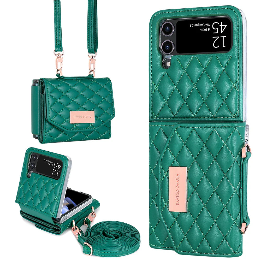 VIETAO Leather Wallet Phone Case with Crossbody Strap — Pink Purse Case for Samsung Galaxy Z Flip 3/4/5/6/7