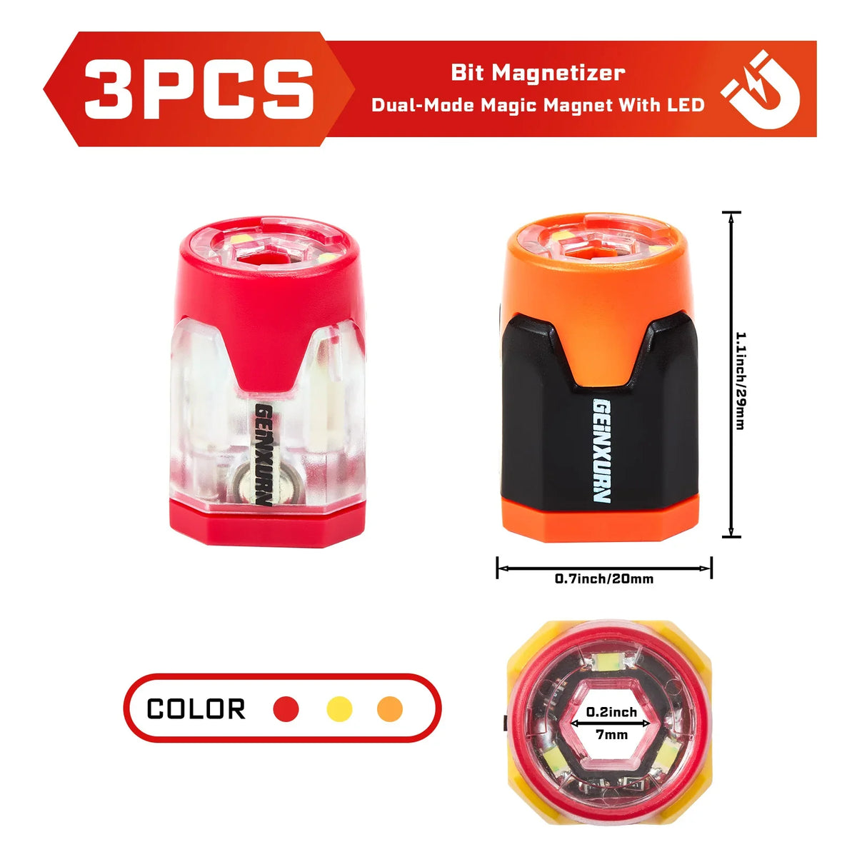 Geinxurn 3-Piece LED Screwdriver Bit Magnetizer - Magnetic & Demagnetizing Rings for 1/4-Inch Shank Bits