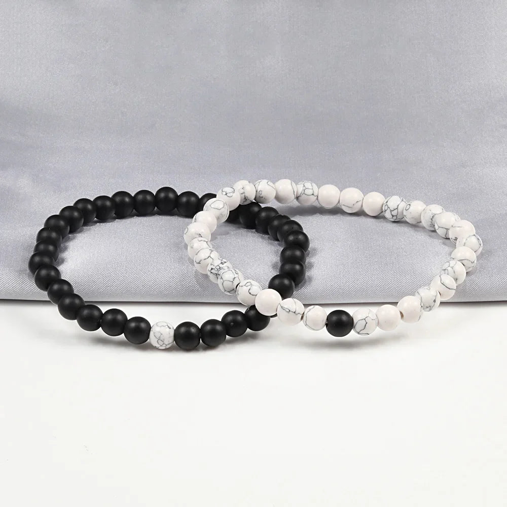 Black and White Beaded Bracelet Set for Couples - Natural Stone Charm Bangles, Fashion Yoga Jewelry Gifts for Men and Women