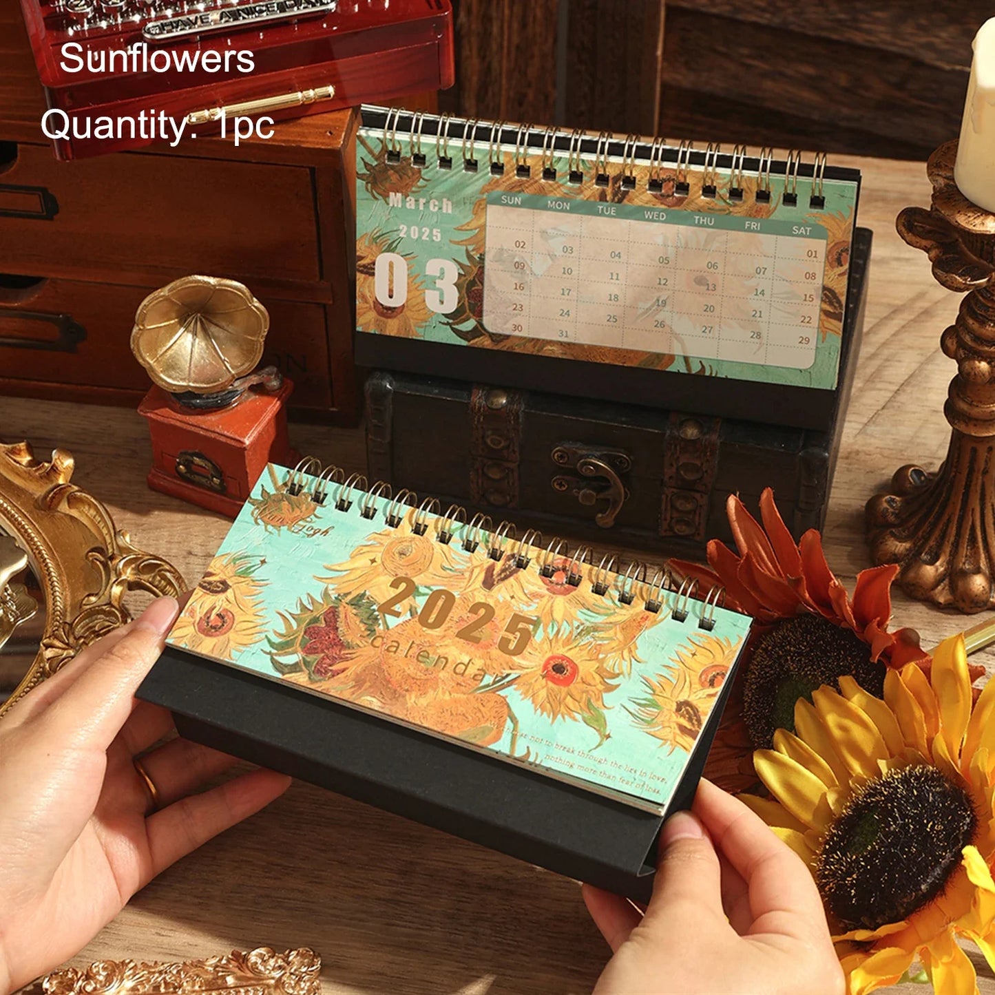 2025 Vintage Painting Desk Calendar – Flip Monthly Schedule with Memo Notes | Tabletop Calendar for Home & Office