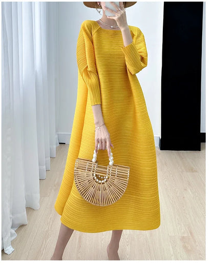 2023 Women's Miyake Pleated Long Dress – Full Sleeve, Round Neck, Korean Fashion, Plus Size Summer Style