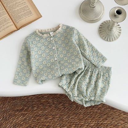 Summer European Style Baby Onesie Set – Floral Embroidery Long Sleeve Top & Shorts, Breathable 2-Piece Outfit