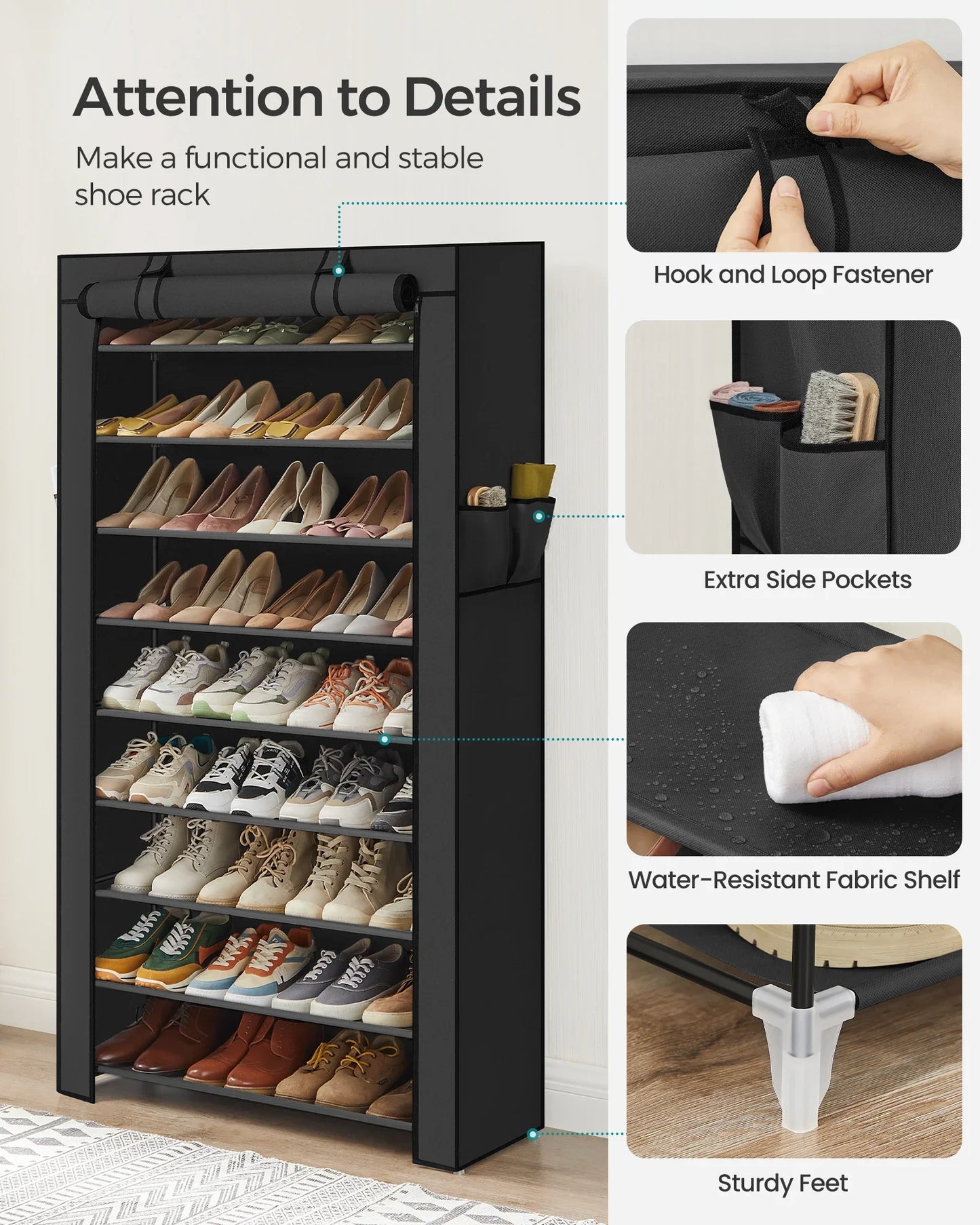 SONGMICS 9-Tier Shoe Rack – Nonwoven Fabric Covered Shoe Organizer for 40-50 Pairs, Entryway Storage Shelf