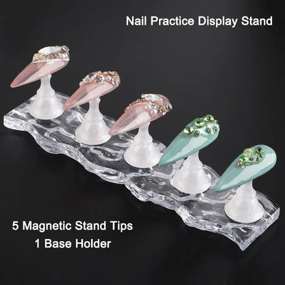 Magnetic Nail Holder with 5pcs Practice Display Stands – Manicure Gel Polish & Nail Tips Training Tools