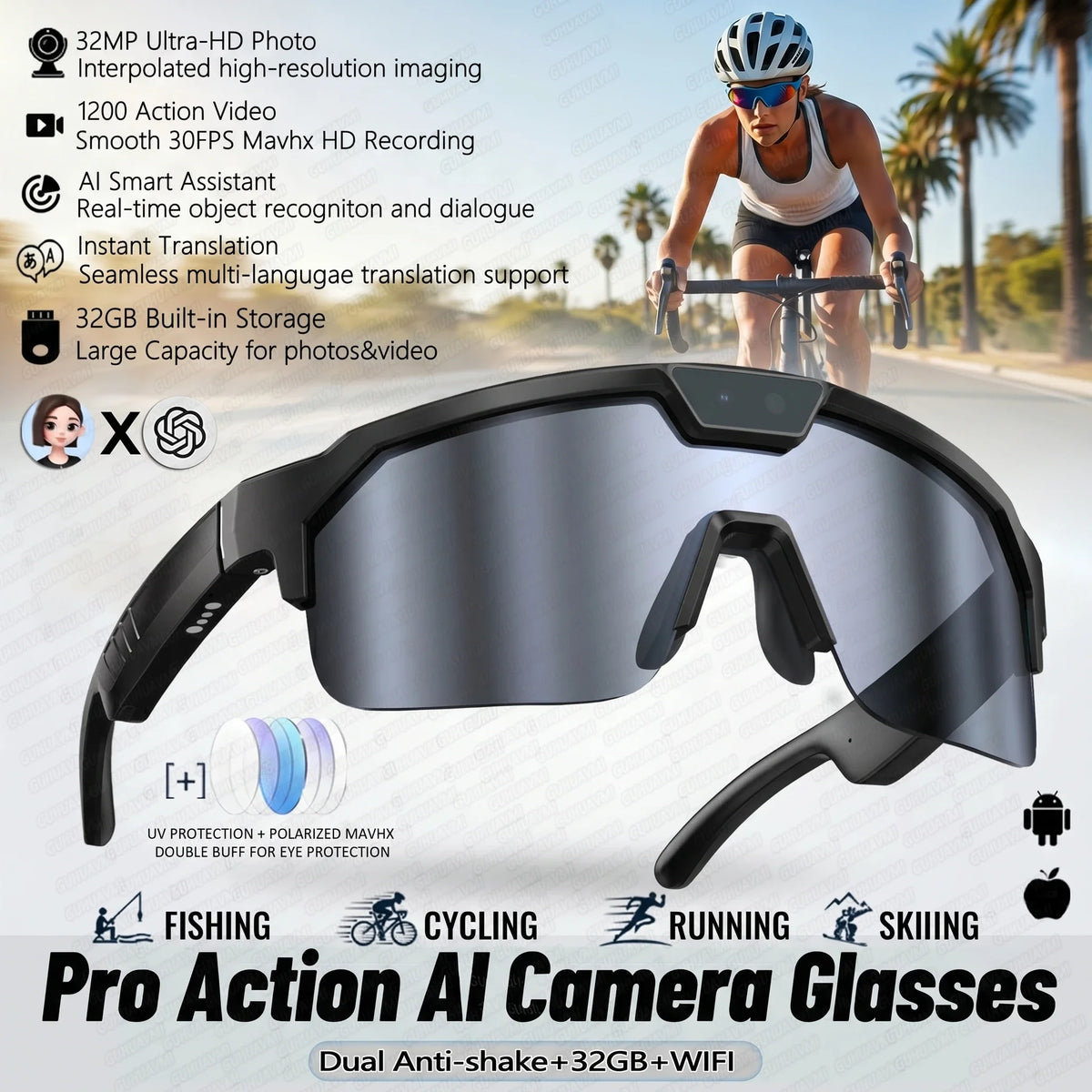 AI Smart Sports Camera Glasses - HD Anti-Shake Recording Sunglasses for Cycling, Riding & Outdoor Activities