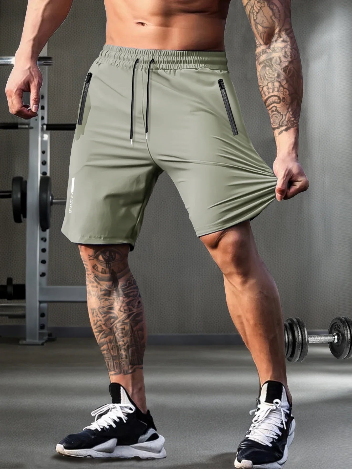 Men’s Solid Color Casual Shorts – Elastic Waist with Drawstring and Zipper Pockets, Loose Fit High Elasticity