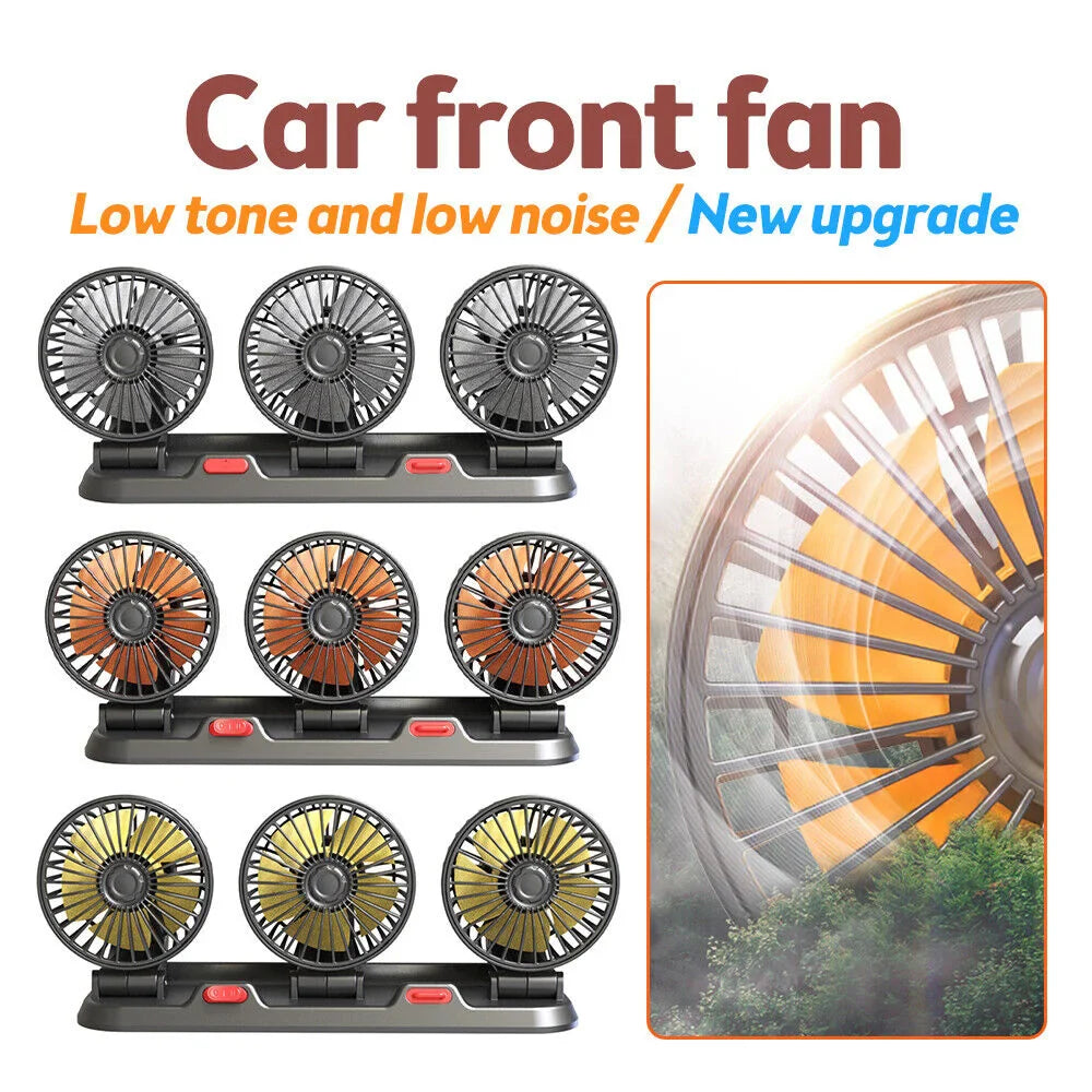 360° Adjustable Car Fan - 3-Head Automotive Electric Fan - USB/12V/24V - 2 Speeds - Silent Cooling for Home, Desk, Office & Car
