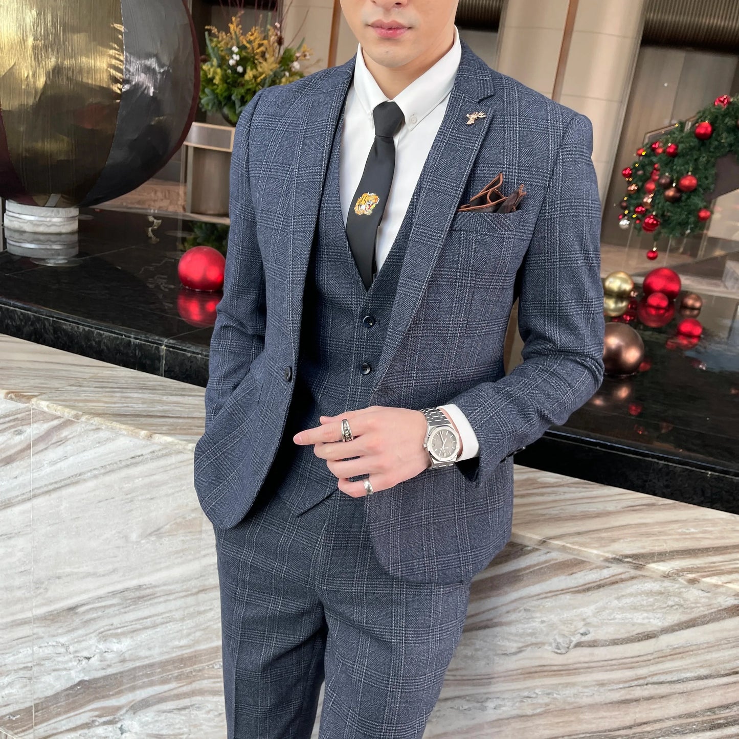 Men’s British Korean Plaid Three-Piece Suit – Stylish Business Casual Set with Blazer, Vest & Trousers