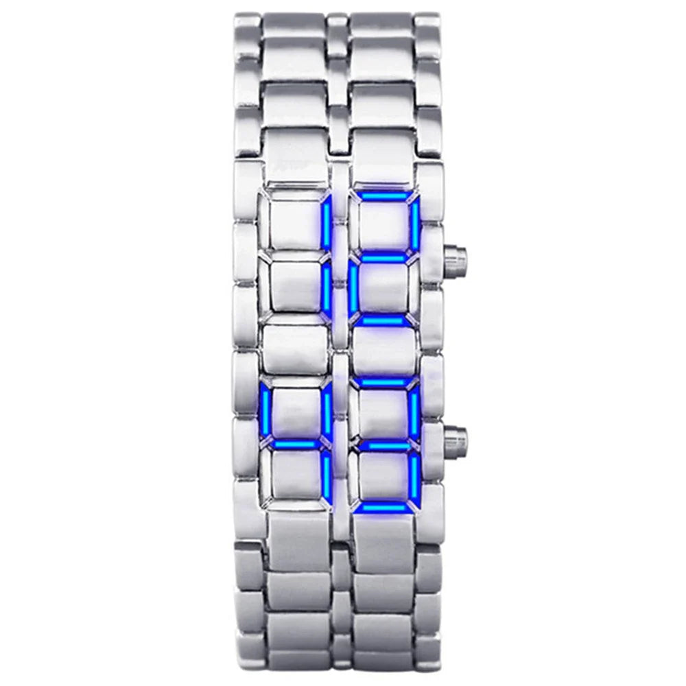 Men's Fashion Digital Lava Wrist Watch – Black Full Metal with Red/Blue LED Display, Sporty Gift for Men & Boys