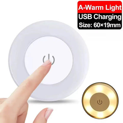Mini LED Touch Night Light – USB Rechargeable, Portable Round Lamp with Magnetic Base & Dimming for Bedroom & Kitchen