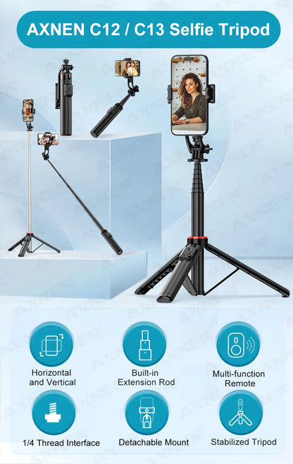 AXNEN Mobile Phone Tripod C12/C13 – 1325mm Stand for Cellphone & GoPro, with Wireless Bluetooth Remote for Live Streaming