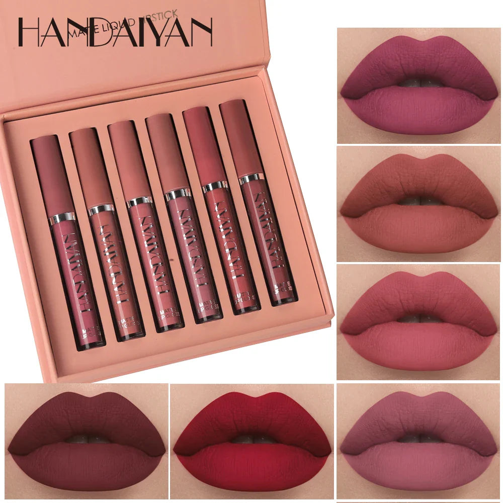 HANDAIYAN 6-Piece Matte Liquid Lipstick Set – Long-Lasting, Non-Stick Cup Lip Gloss Gift Box