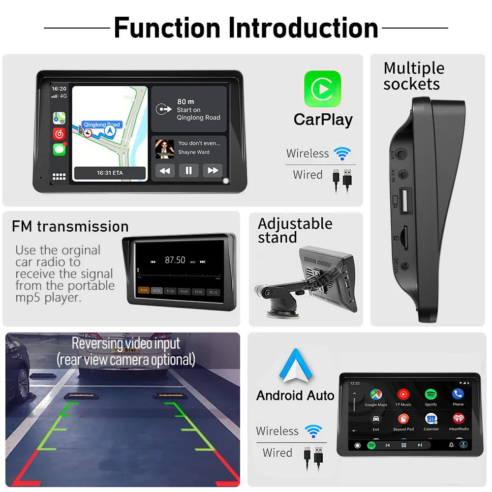 7 Inch IPS Portable Car Radio – WIFI Wireless CarPlay & Android Auto, Multimedia Video Player with Reversing Camera for Apple/Android