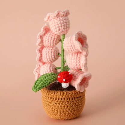 Handmade Crochet Bell Orchid in Pot – Knitted Artificial Flower with Light for Desktop & Easter 2025 Decor