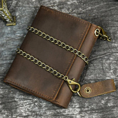 Men's Genuine Leather Short Wallet with Chain – Zipper Clutch, Trifold Purse, Card Holder & Coin Purse for Men