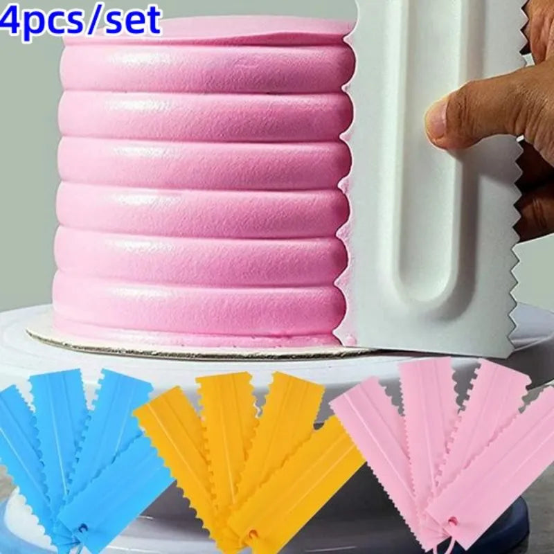4PCS/Set Double-Sided Tooth Cake Scraper: Plastic Pattern Cream Scraper - Essential DIY Baking Tools and Accessories