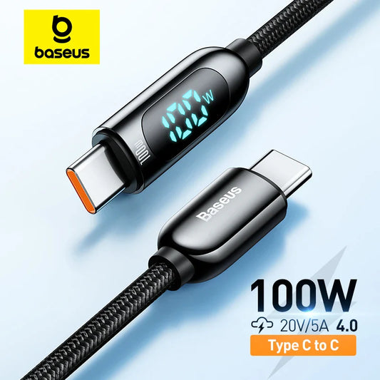 Baseus 100W USB-C to USB-C Fast Charging Cable - Digital Display, Compatible with iPhone 15, MacBook, Xiaomi, Samsung