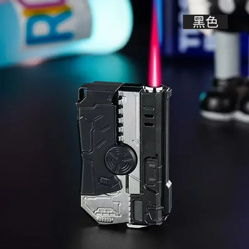 Folding Gun Style Lighter - Windproof Butane Jet Flame Metal Lighter with Laser