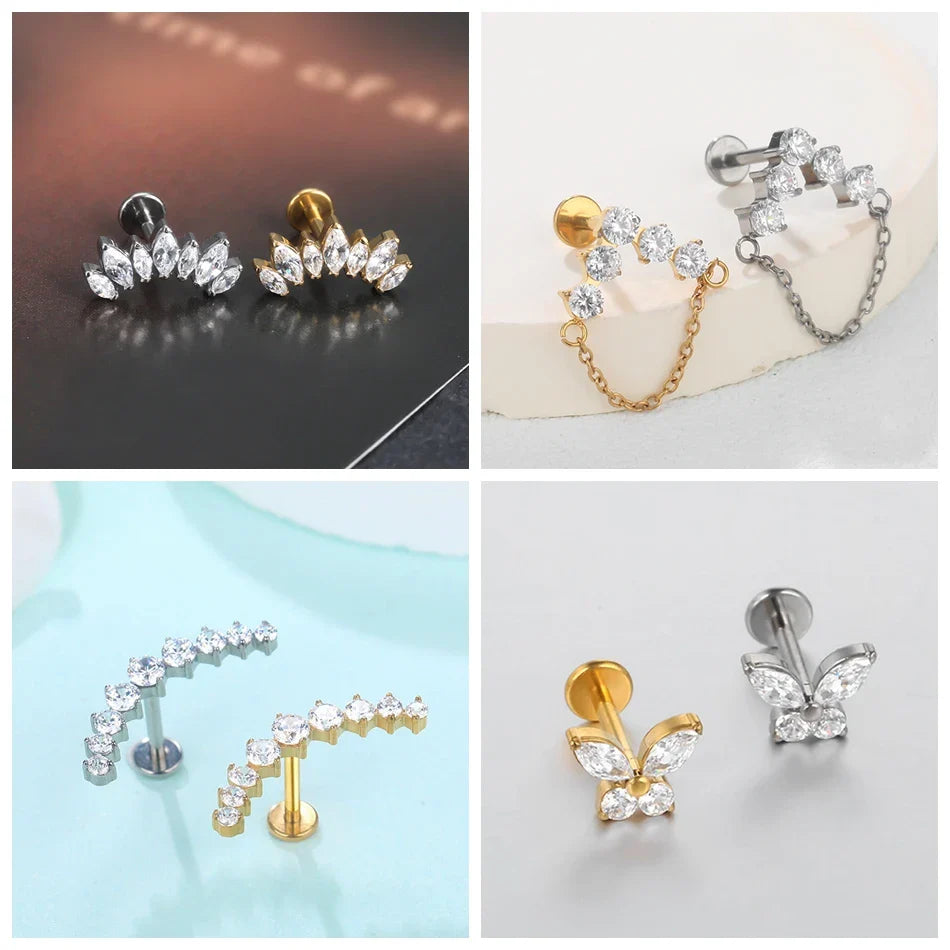 Titanium CZ Tragus & Helix Stud – Internally Threaded Labret Lip Ring Piercing Earring (1PC)