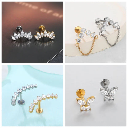 Titanium CZ Tragus & Helix Stud – Internally Threaded Labret Lip Ring Piercing Earring (1PC)