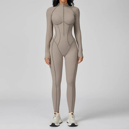 Women’s Long Sleeve Yoga Bodysuit Jumpsuit – Zip-Up Gym Tracksuit One-Piece Fitness Outfit for High-Intensity Workout & Training