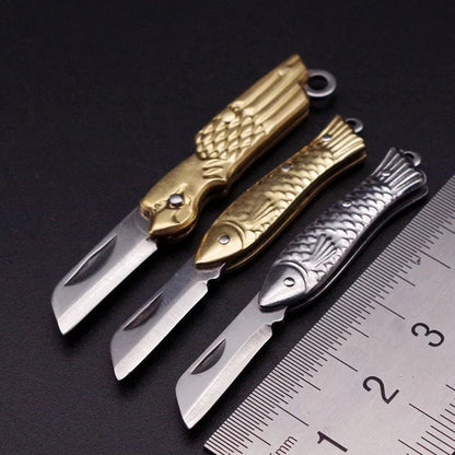 Mini Brass Knife Keychain - Stainless Steel Folding Cleaver Pendant Pocket Tool