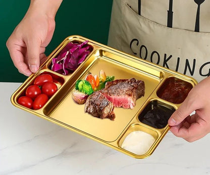 Gold Stainless Steel Divided Dining Plate – Compartment Food Serving Tray Kitchen Tableware
