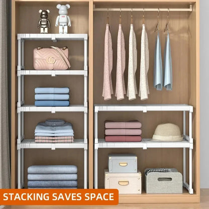 Closet Shelf Wardrobe Organizer – Stackable Telescopic Adjustable Divider, Punch-Free Clothes Storage Rack