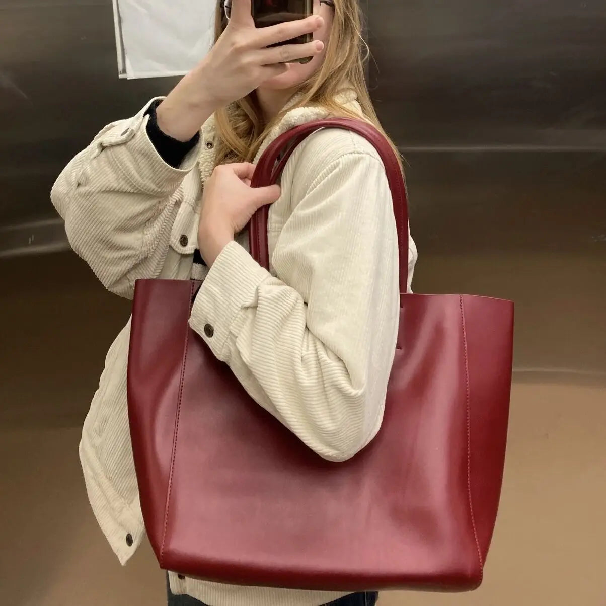 Customizable Name Large Capacity Commuter Bag – 100% Genuine Leather Soft Tote, Single Shoulder & Diagonal Shopping Bag
