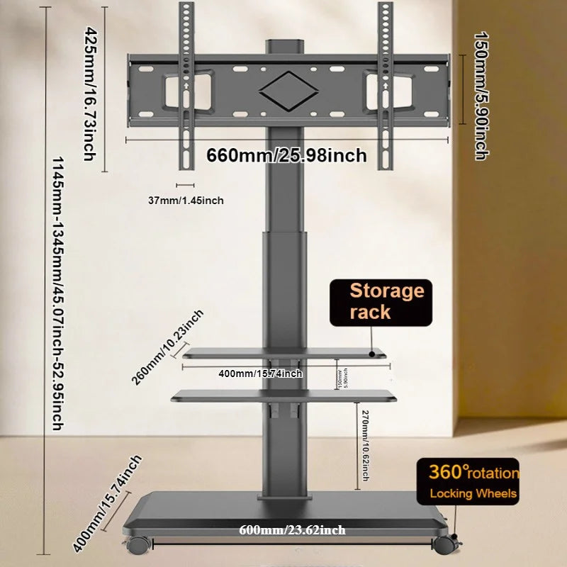 Rolling TV Stand on Wheels – Height Adjustable Mobile Cart for 32–65in Flat Screen TVs, VESA 600x400mm