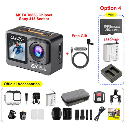 6K 4K60FPS Action Camera – 50MP Dual Screen, 2.0" Touch LCD, EIS, WiFi, 170° Lens, 30M Waterproof, 5X Zoom with Remote