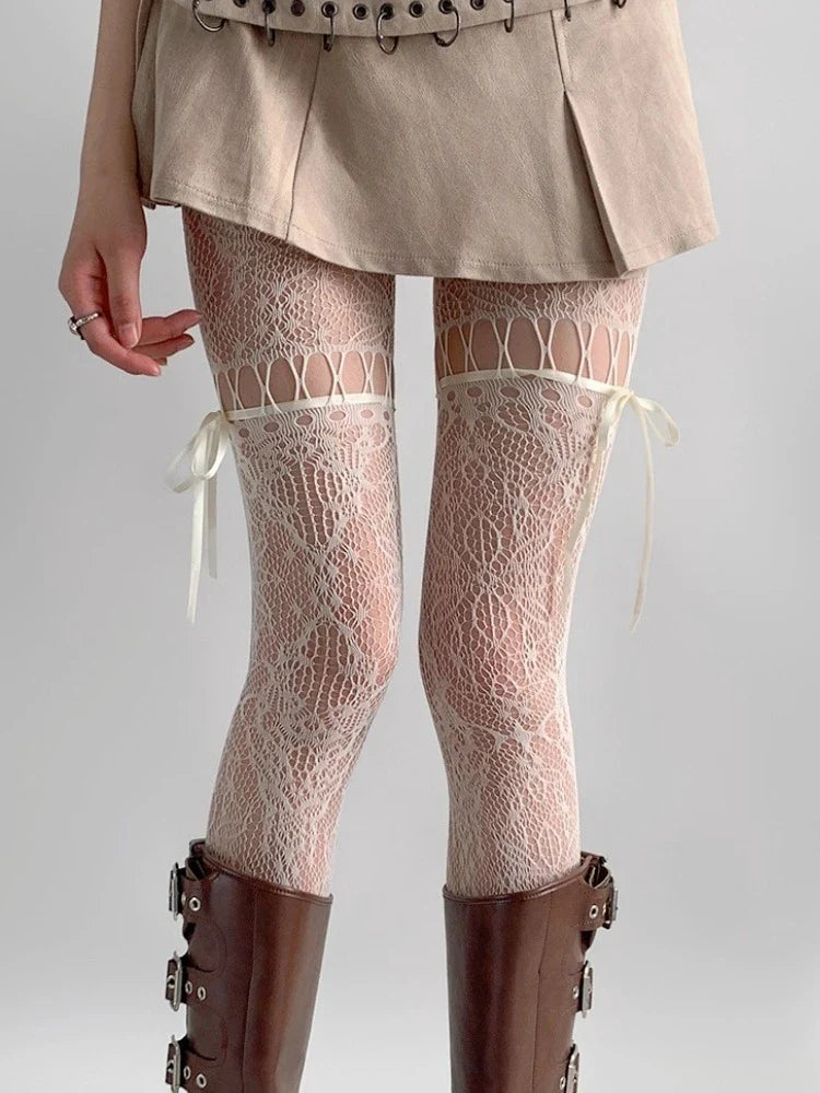 New Beige Mesh Tights for Women – Sexy See-Through Fishnet Stockings with Bow Tie Strap & Lace Pantyhose