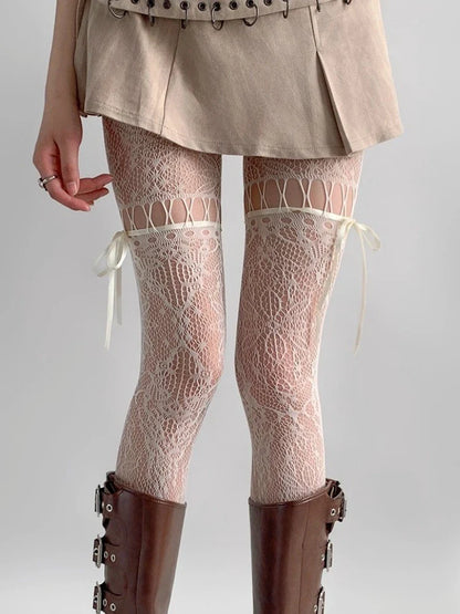 New Beige Mesh Tights for Women – Sexy See-Through Fishnet Stockings with Bow Tie Strap & Lace Pantyhose