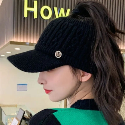 Women's Knitted Ponytail Hat – Warm Winter Rabbit Fur Baseball Cap for Outdoor Sports & Golf