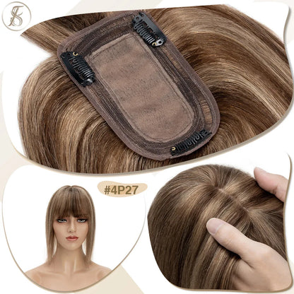 TESS Women Human Hair Topper With Bangs - 7x12.5cm Silk Base Clip In Hair Extension Natural Wigpiece