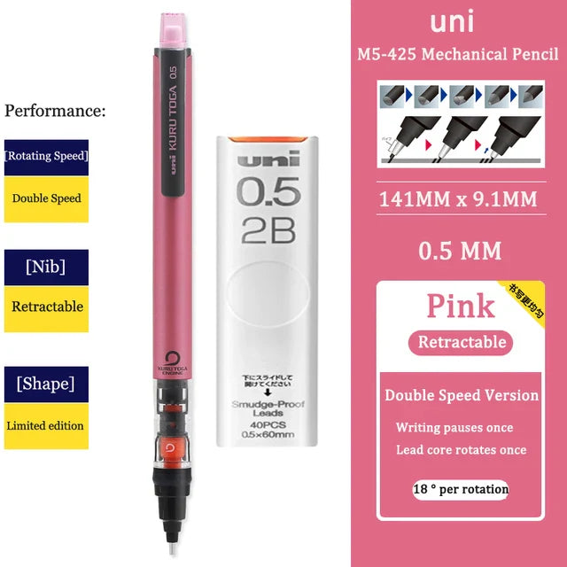 UNI KURU TOGA M5-452 Mechanical Pencil 0.5mm – Rotating Lead Automatic Pencil for Continuous Writing & Sketching