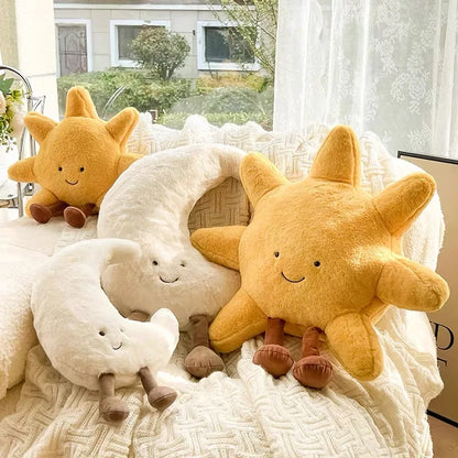 Smile Face Moon & Sun Plush Cushion – Cute Weather Stuffed Toy for Kid's Bedroom Decor & Sofa Throw Pillow