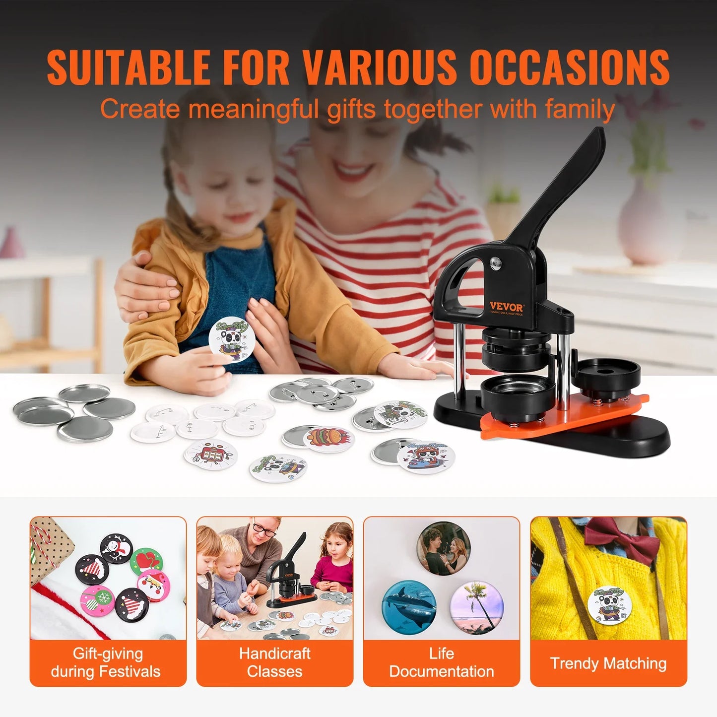 VEVOR Button Maker Machine — 25/32/58mm Pin Maker with Parts, Ergonomic Arc Handle Punch Press Kit